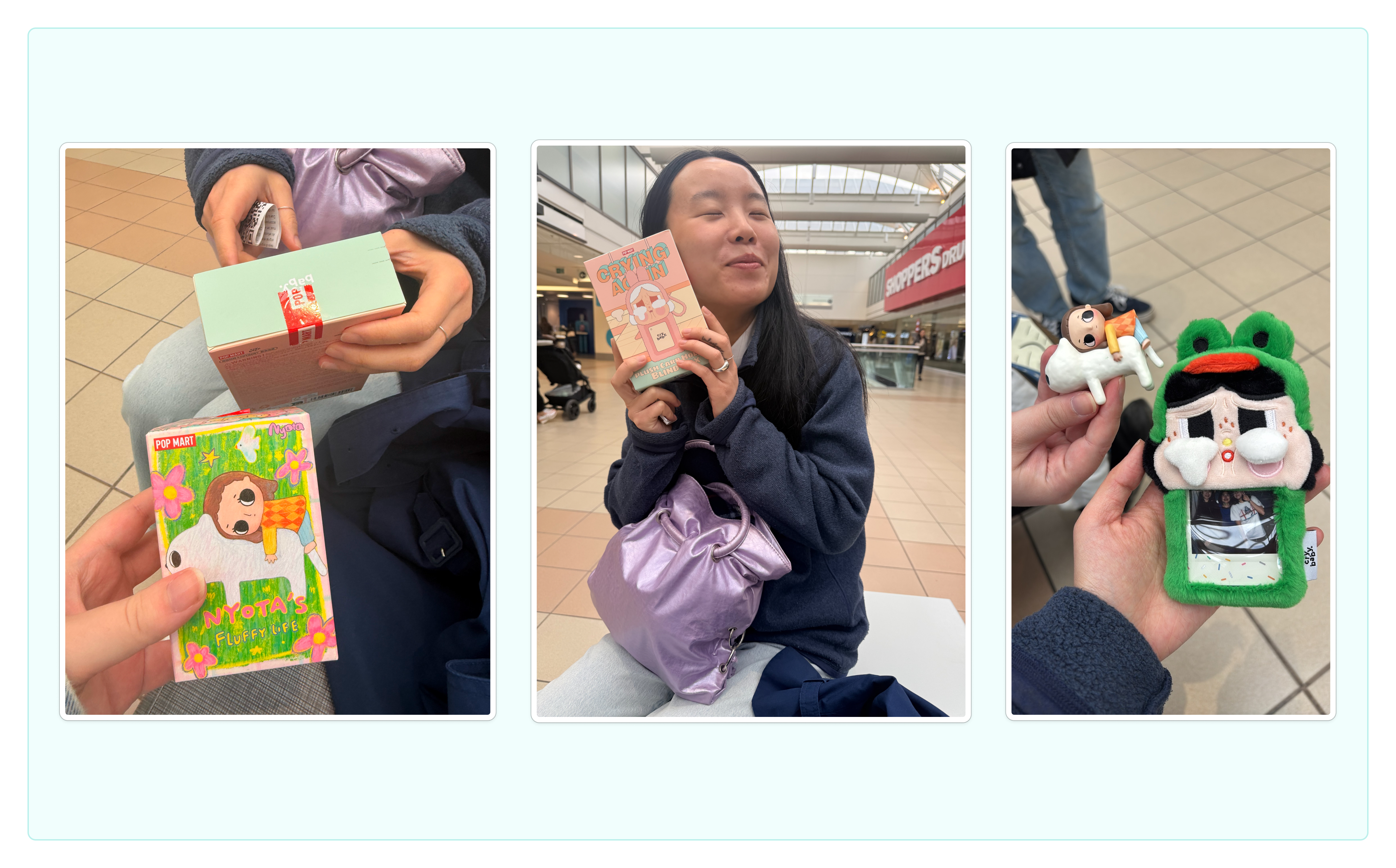 Blind box opening experience — unboxing Pop Mart and Sixbao figures at a mall